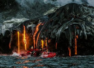 Thrill-Seeking Kayakers Paddle Across an Active Volcano