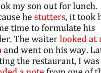 Mom Takes Son Out For Lunch. When The Waiter Hears Him Stutter, He Writes Her A Note That Brings Her To Tears.