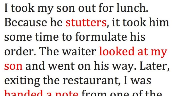 Mom Takes Son Out For Lunch. When The Waiter Hears Him Stutter, He Writes Her A Note That Brings Her To Tears.